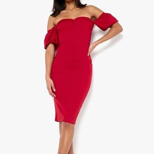 NWT boohoo Twist Detail Off The Shoulder Puff Sleeve Midi Dress
